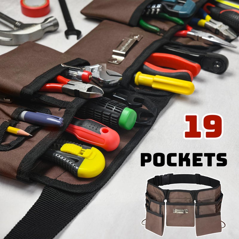 GlossyEnd 19 Pocket Brown and Black Heavy Duty Construction Tool Belt, Work Apron, Tool Pouch, with Poly Web Belt Quick Release Buckle - Adjusts from 33â€ Inches All the Way to 50â€ Inches - Image 5